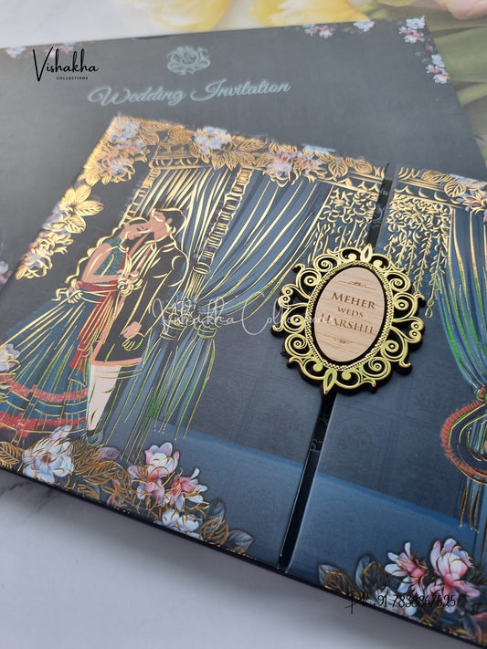 Hathi Dulah Dulhan Double Door Hindu Sikh Padded invitation Cards VN-744