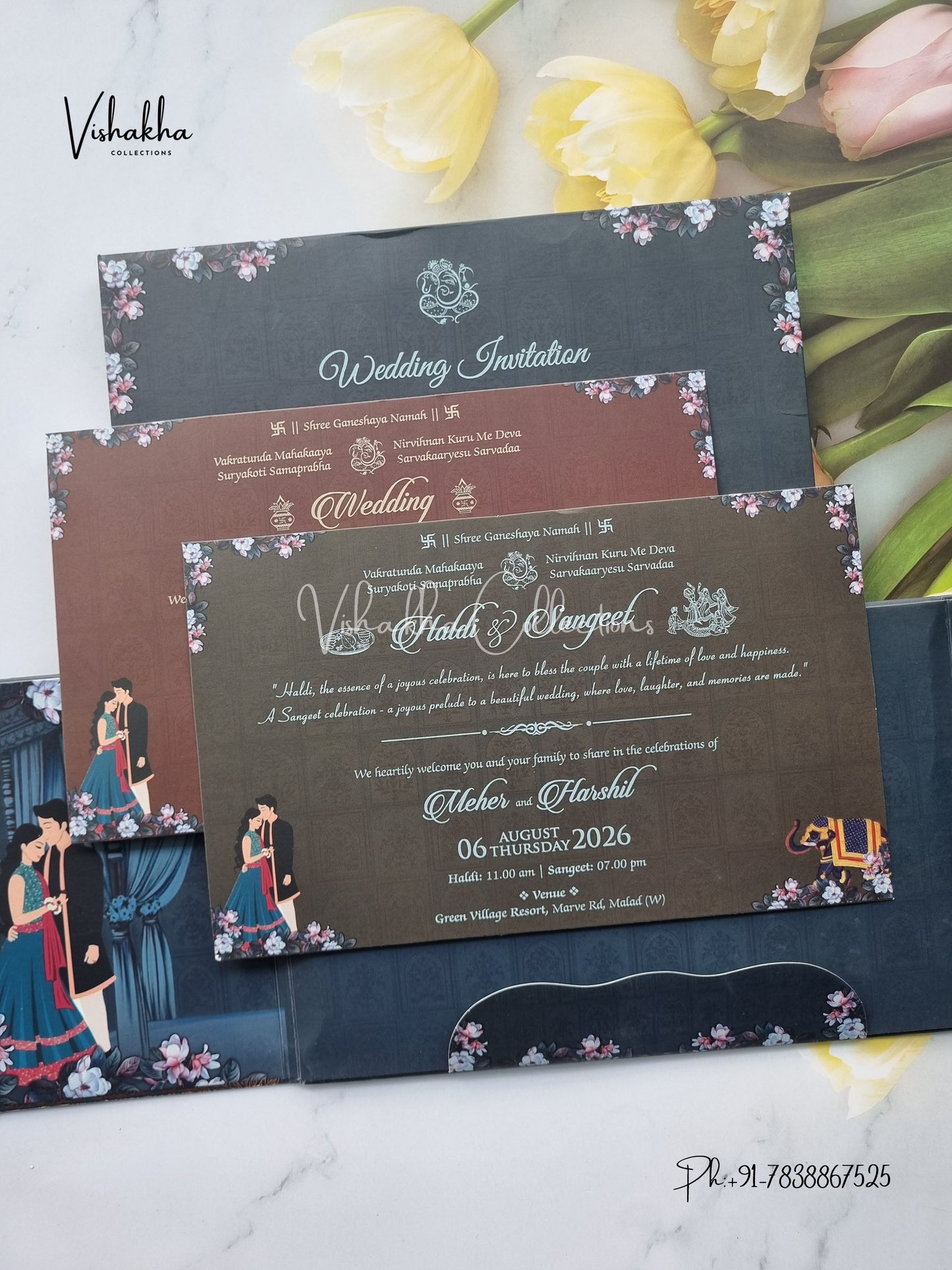 Hathi Dulah Dulhan Double Door Hindu Sikh Padded invitation Cards VN-744