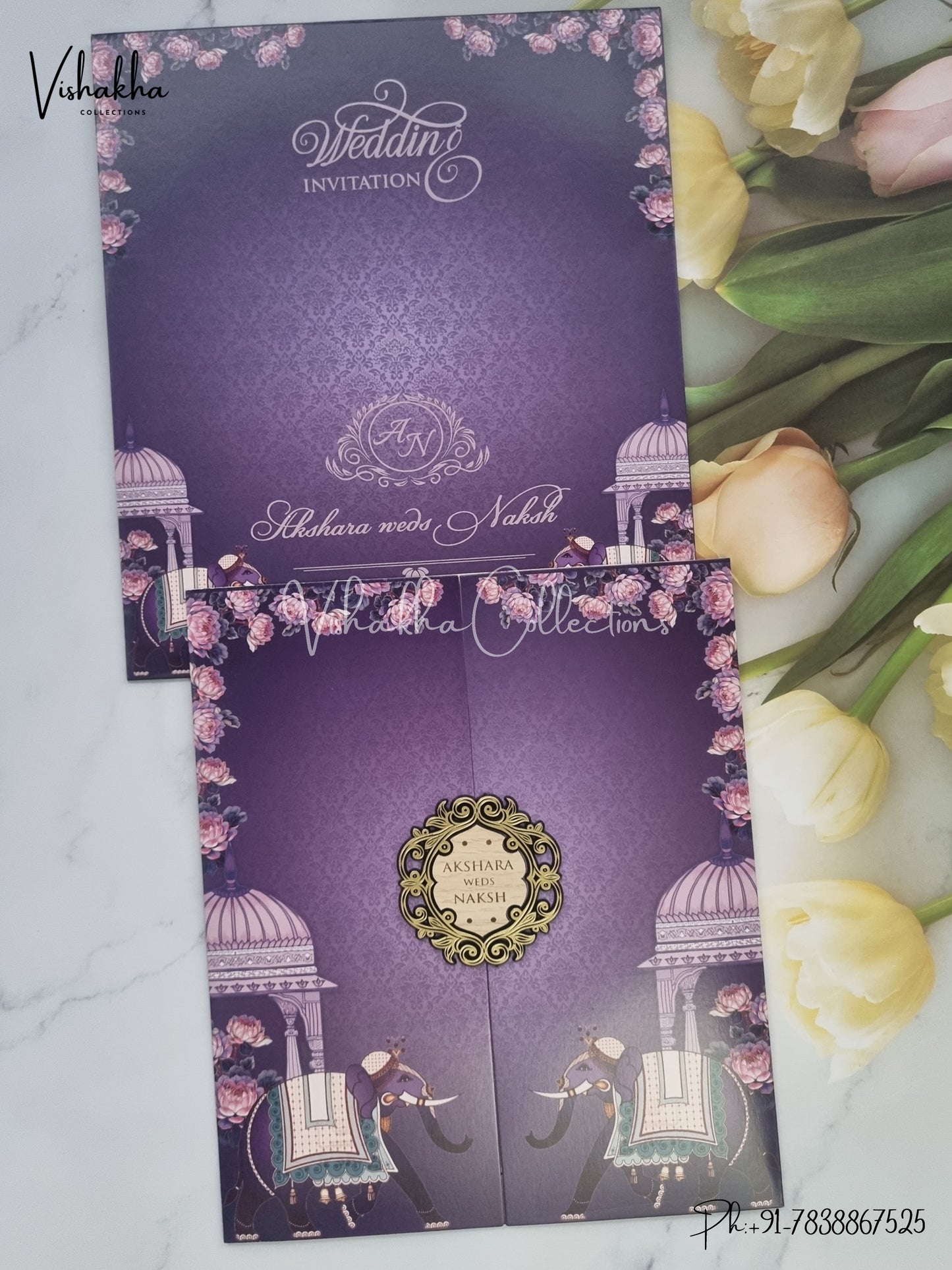 Hathi Flower Double Door Hindu Muslim Christian Sikh Unique Color invitation Cards VN-756