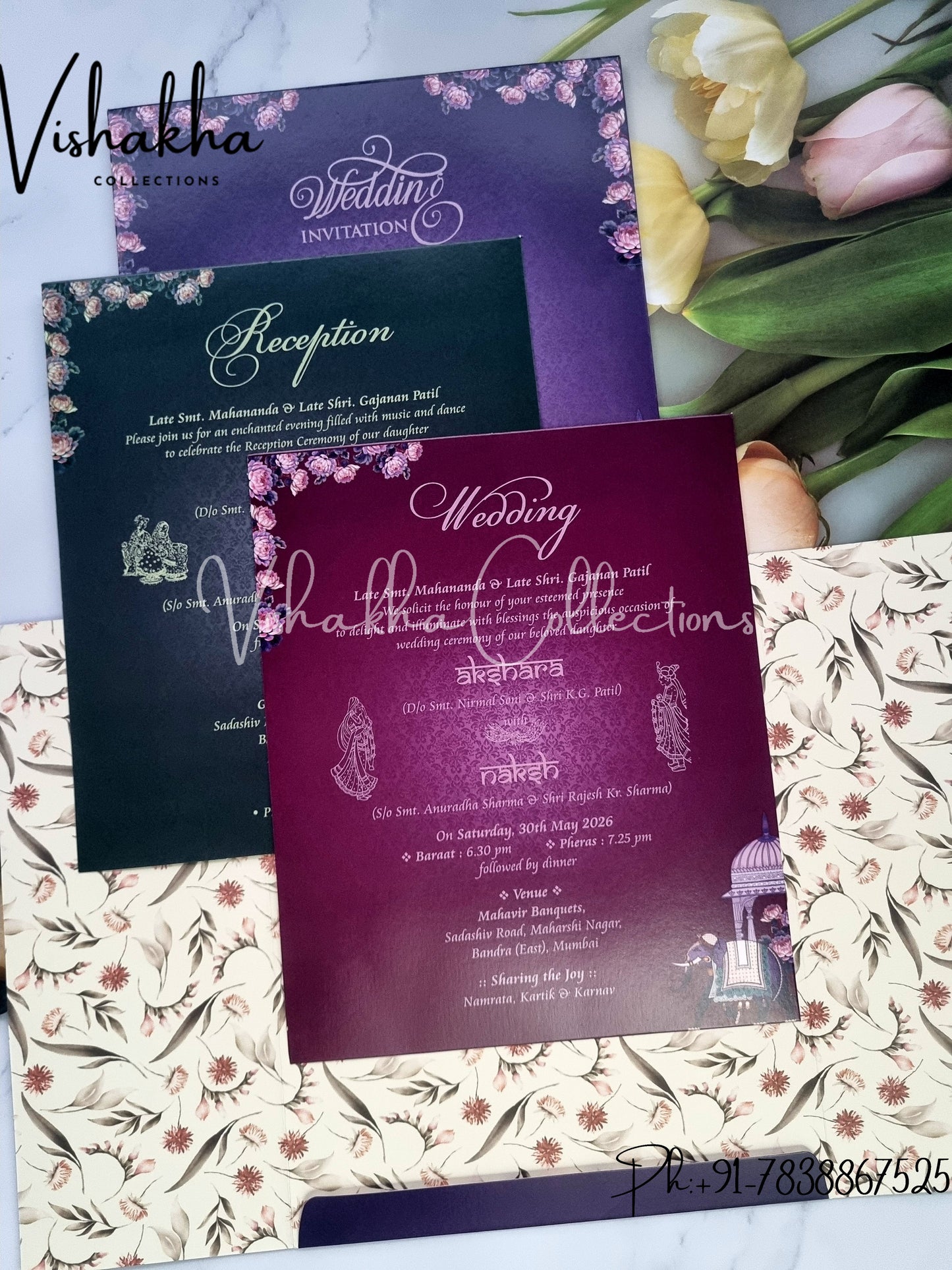 Hathi Flower Double Door Hindu Muslim Christian Sikh Unique Color invitation Cards VN-756