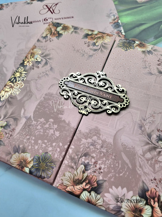 Flower Double Door Hindu Muslim Christian Sikh Padded invitation Cards VN-765