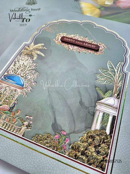 Peacock Hindu Muslim Christian Sikh Padded invitation Cards VN-771