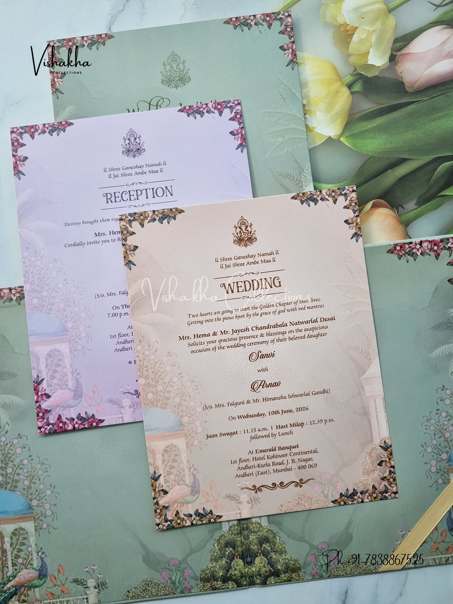 Peacock Hindu Muslim Christian Sikh Padded invitation Cards VN-771