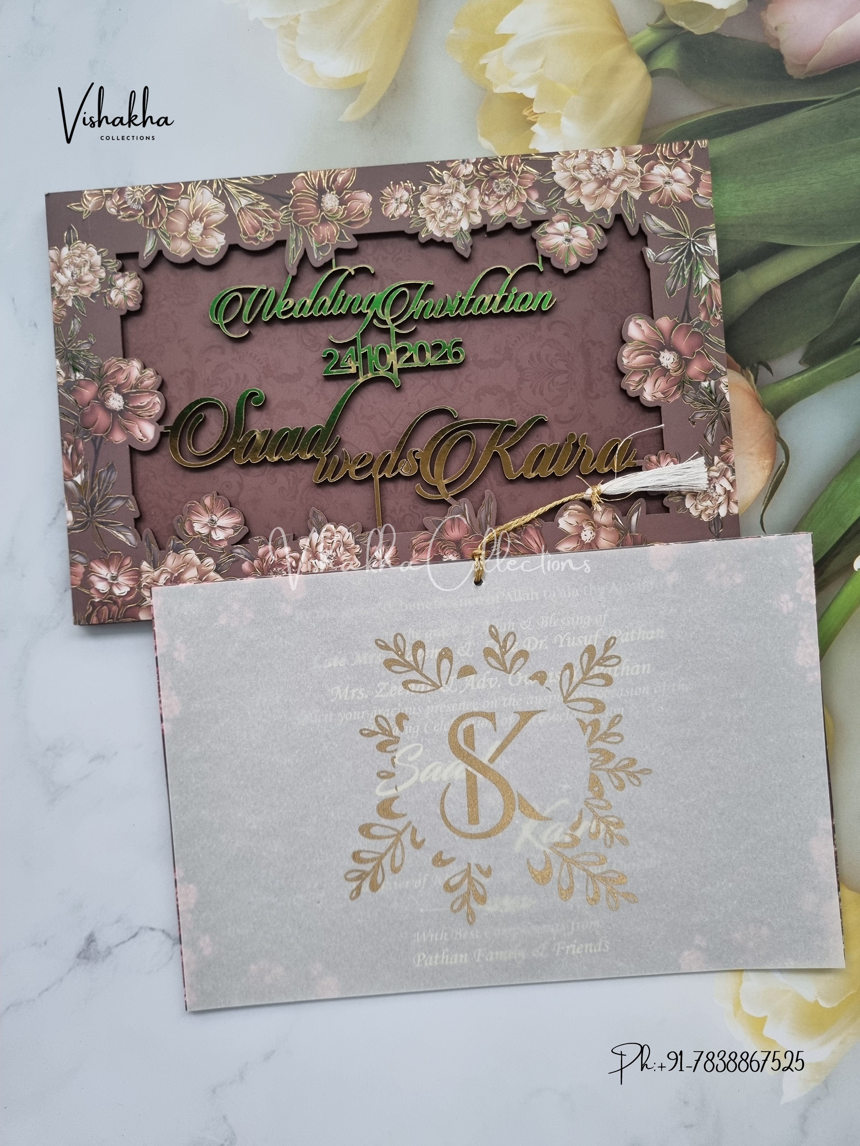 Semi Box Flower Hindu Muslim Christian Sikh Named MDF Laser Cut grey Colored invitation Cards SK-3482