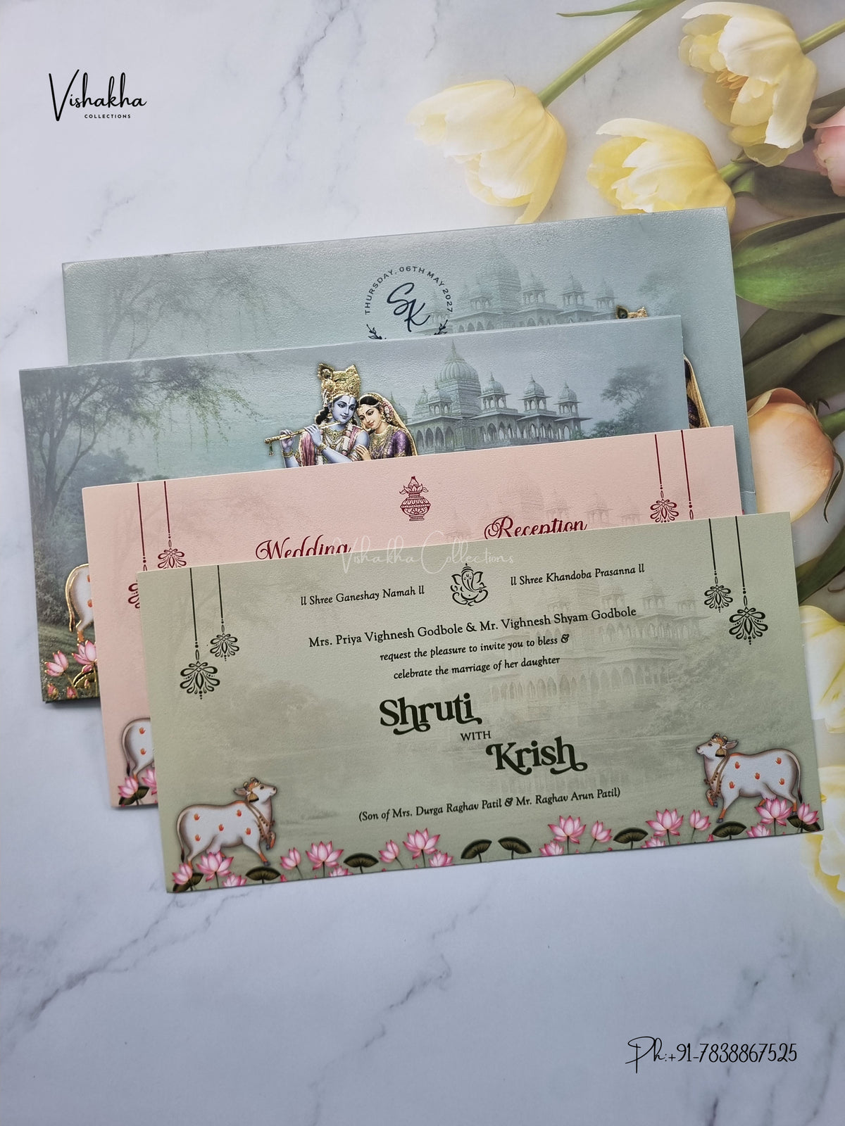 Semi Box Radha Krishna Hindu Jain invitation Cards VN-804 – image 3