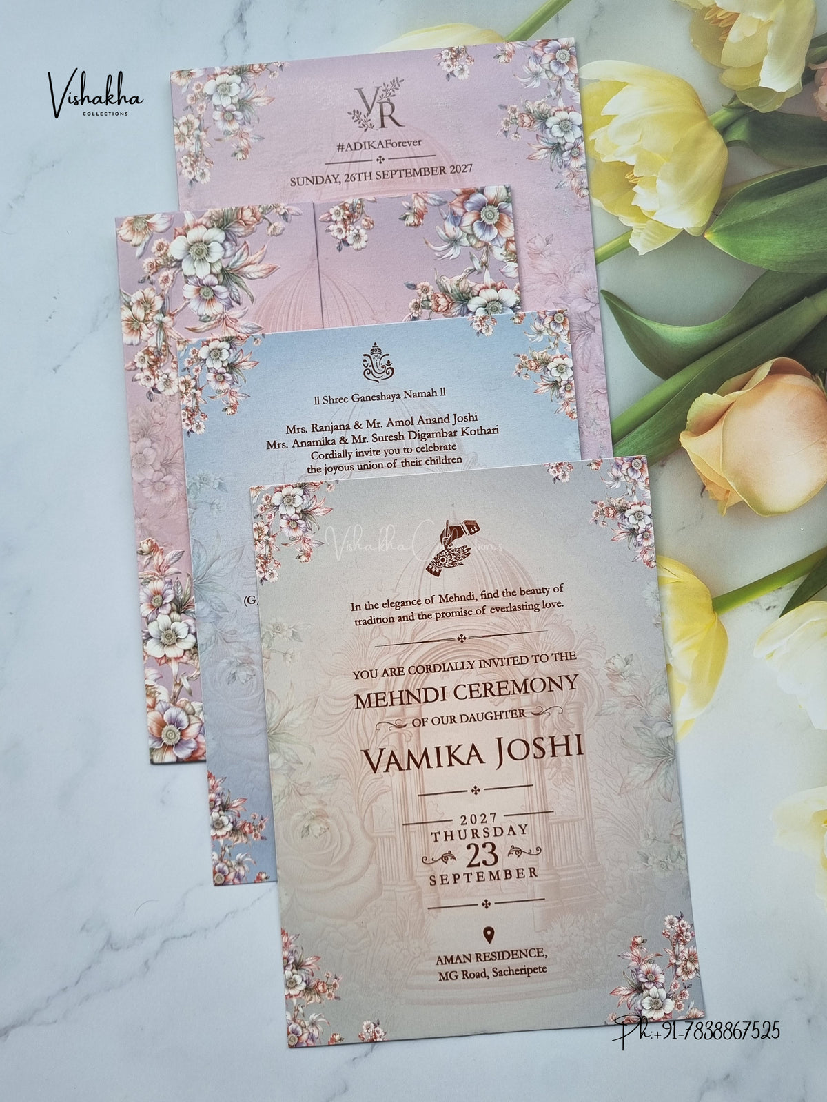 Double Door Flower Hindu Muslim Christian Sikh Jain invitation Cards VN-812 – image 3