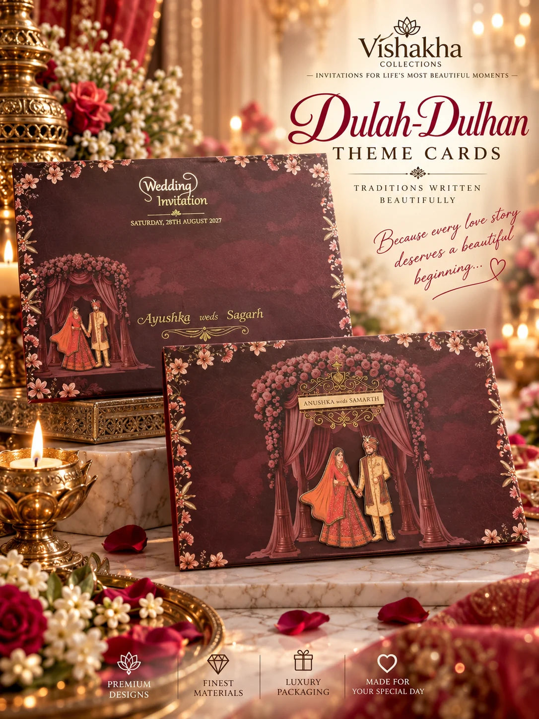 Maroon and gold dulah dulhan wedding cards showing the couple under a floral mandap, with brass diyas and roses
