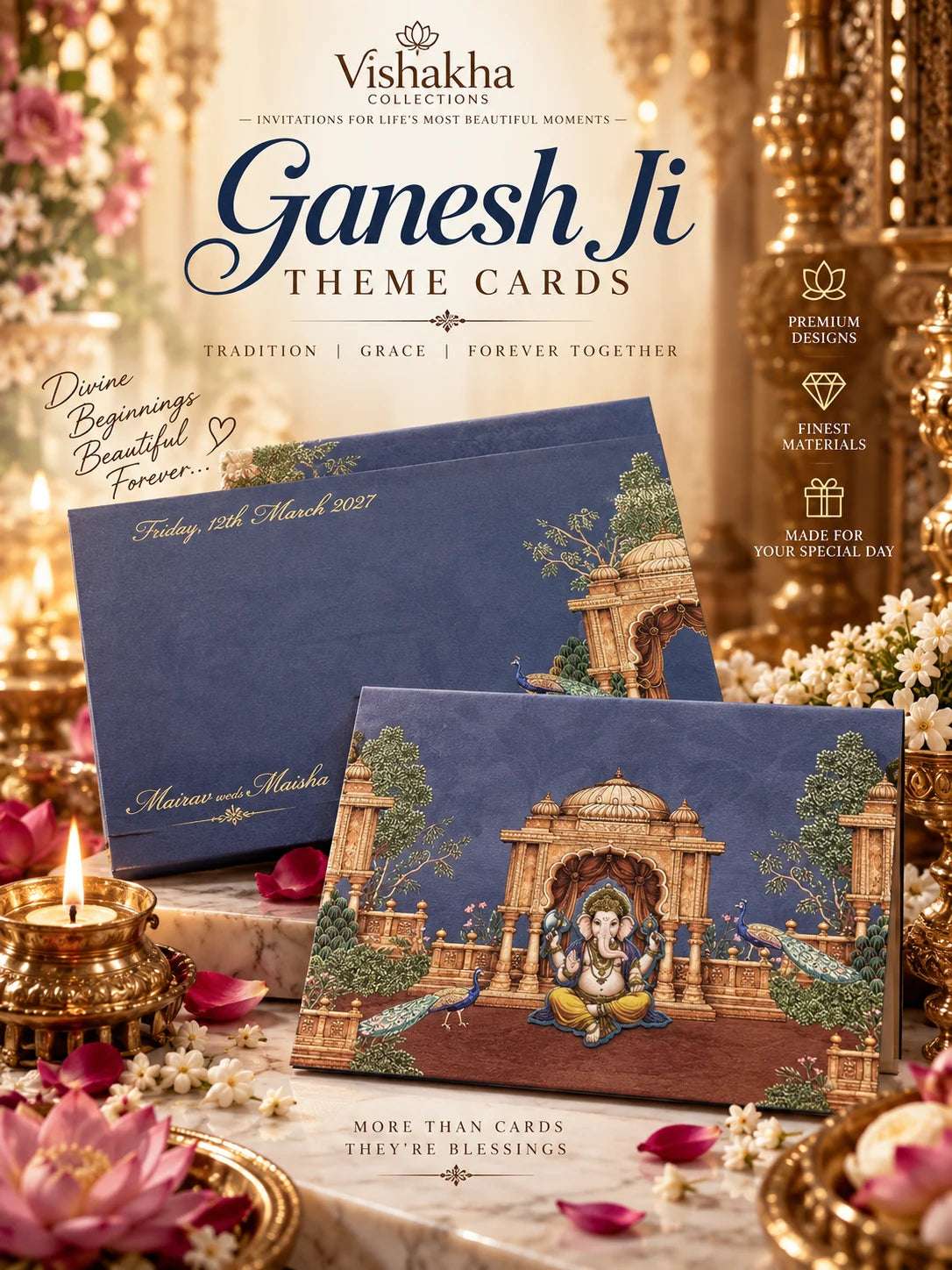 Navy and gold Ganesh Ji wedding invitation cards with a temple mandap and peacocks, beside brass diyas and flowers
