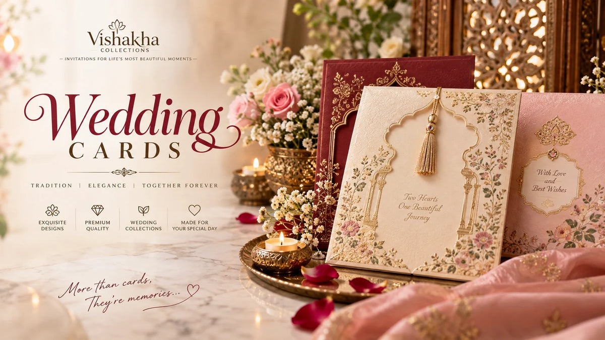 Maroon, ivory and pink Indian wedding invitation cards with gold foil borders, a tasselled arch card at the centre