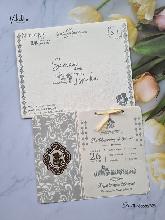Ribbon Flower Ganesh Ji Hindu Jain invitation Cards ATS-1557 – image 1