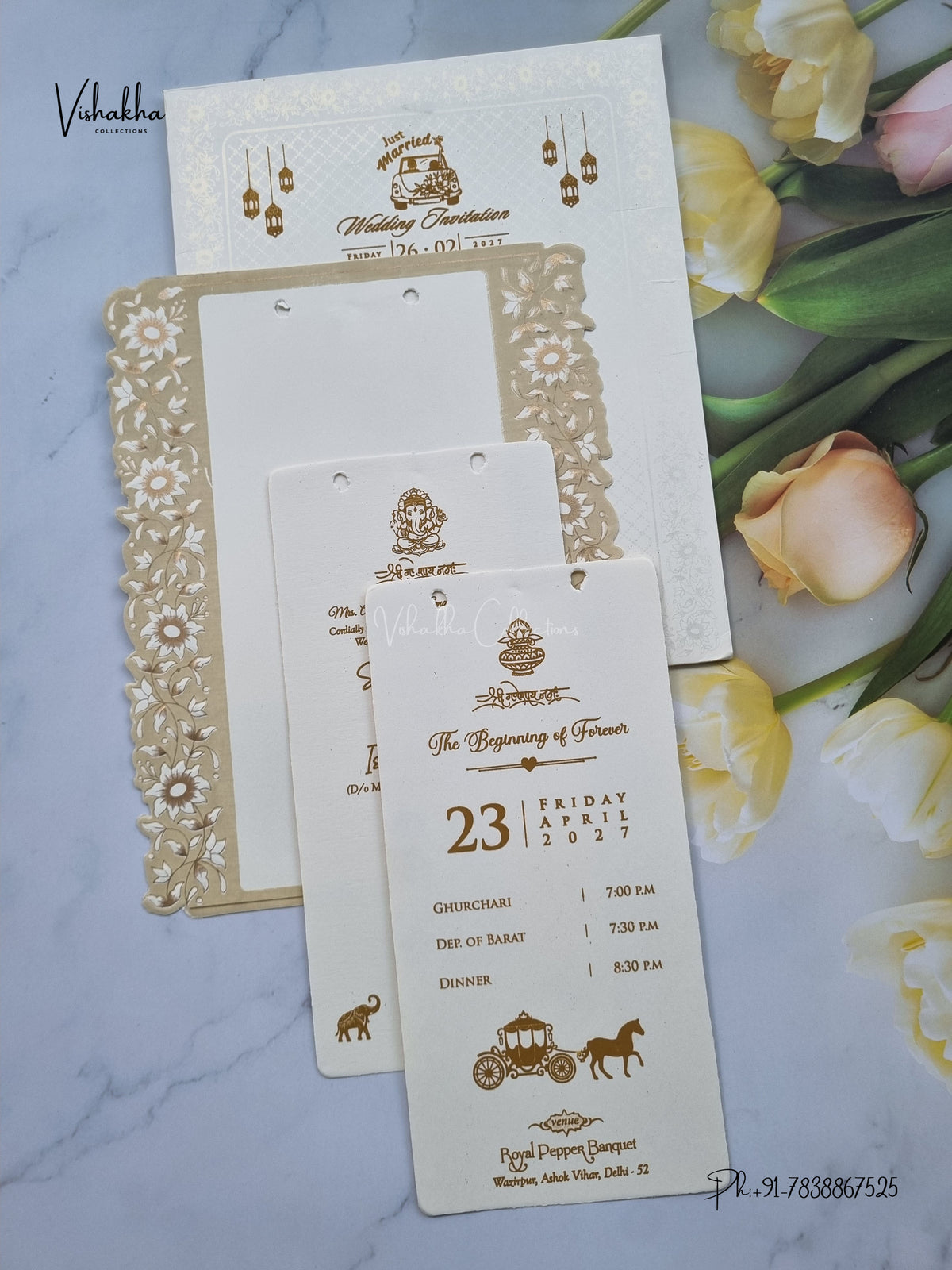 Ribbon Flower Hindu Muslim Christian Sikh Jain invitation Cards ATS-1628 – image 3