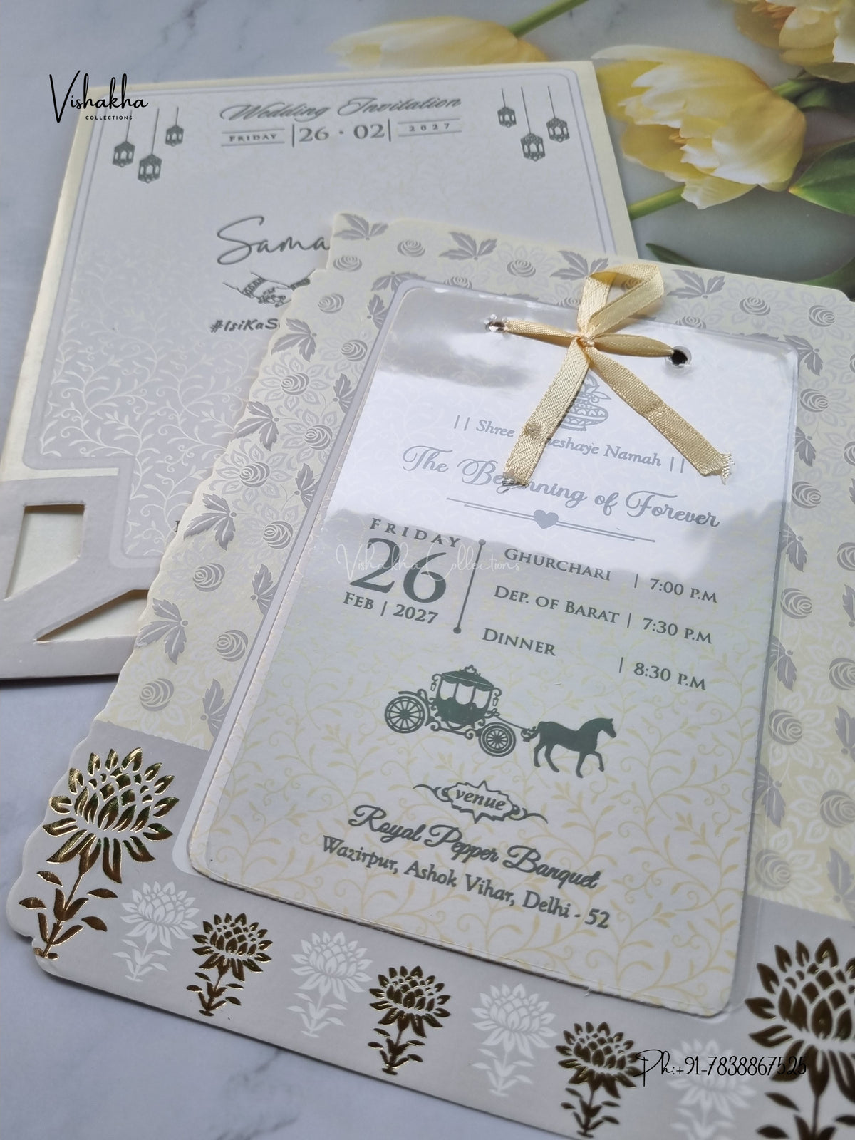 Ribbon Flower Hindu Muslim Christian Sikh Jain invitation Cards ATS-1731 – image 2