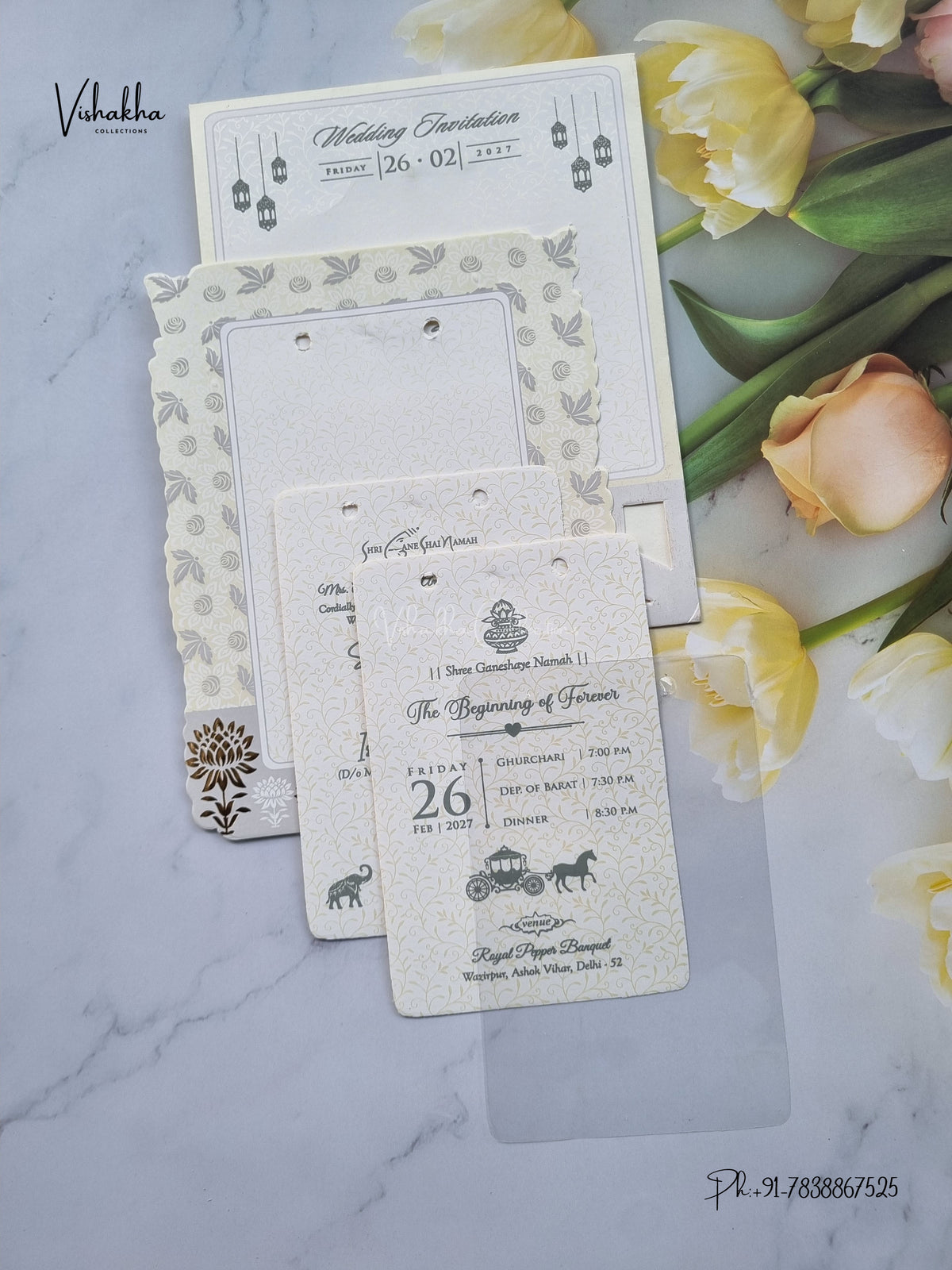 Ribbon Flower Hindu Muslim Christian Sikh Jain invitation Cards ATS-1731 – image 3