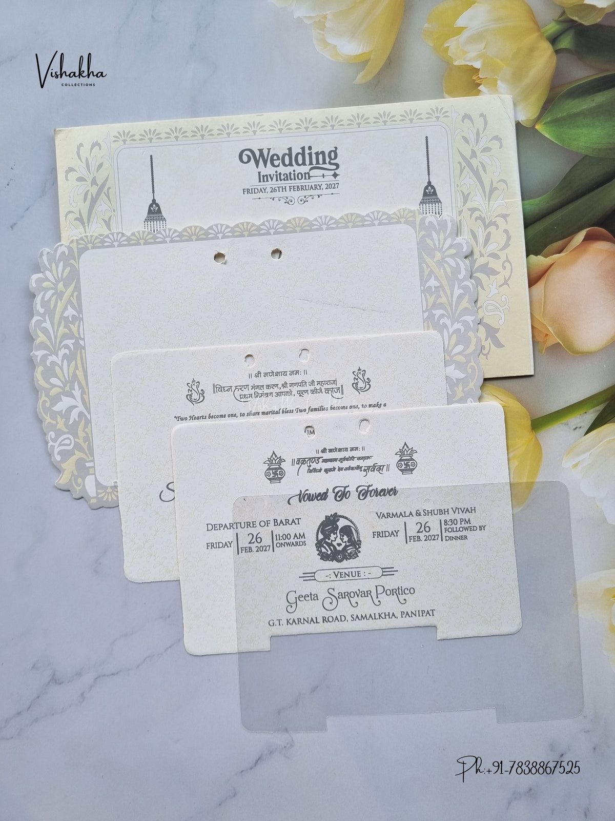 Ribbon Flower Hindu Muslim Christian Sikh Jain invitation Cards ATS-1733 – image 3