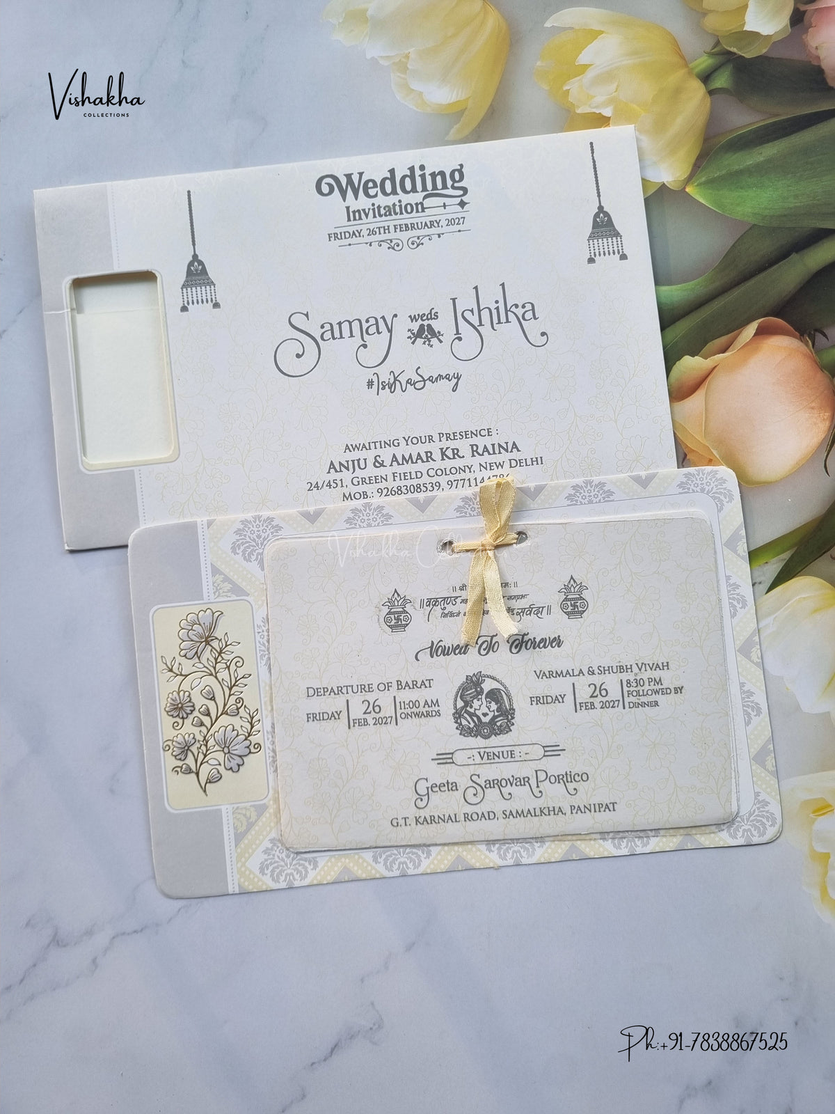 Ribbon Flower Hindu Muslim Christian Sikh Jain invitation Cards ATS-1734 – image 1