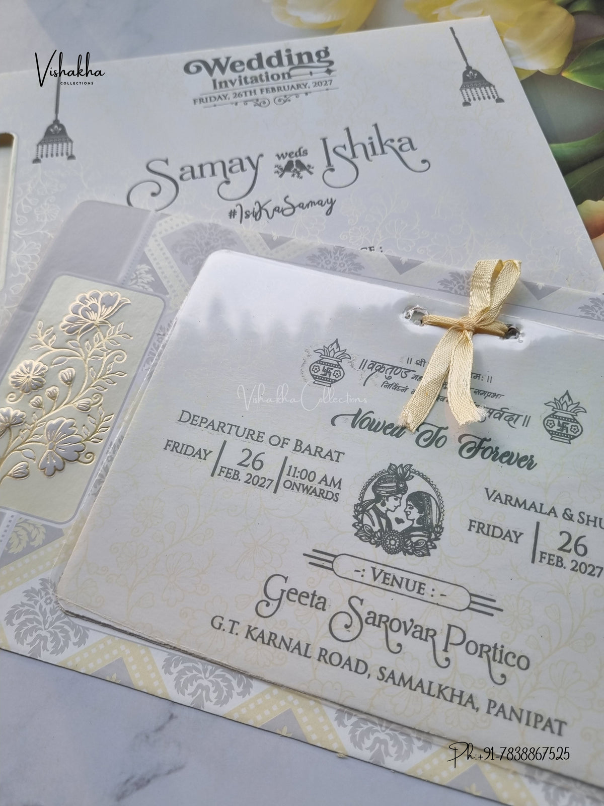 Ribbon Flower Hindu Muslim Christian Sikh Jain invitation Cards ATS-1734 – image 2