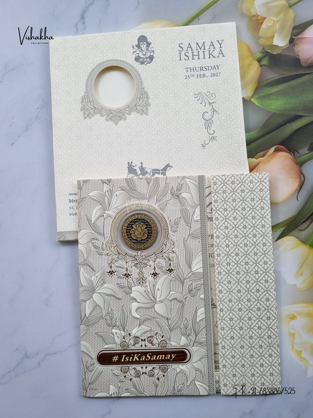 Semi Box Double Door Ganesh Ji Flower Hindu Jain invitation Cards ATS-1809 – image 1