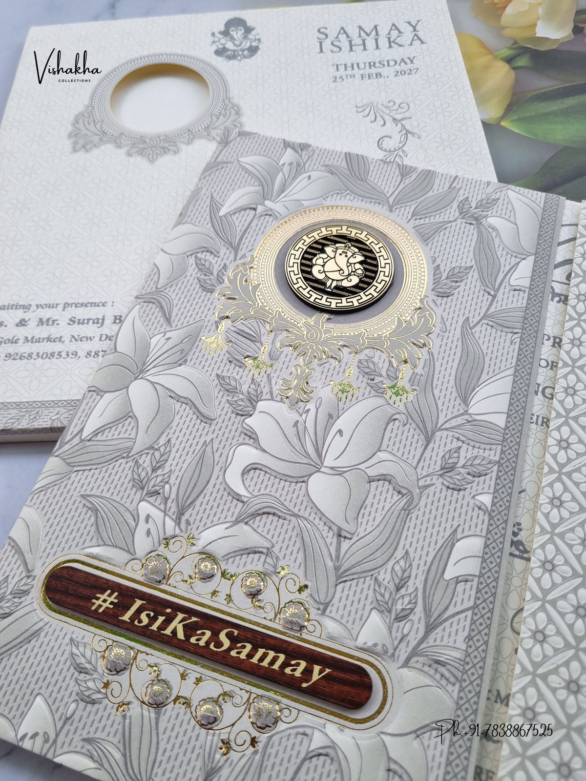 Semi Box Double Door Ganesh Ji Flower Hindu Jain invitation Cards ATS-1809 – image 2
