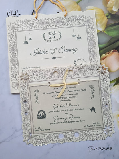 Semi Box Ribbon Carry Bag Flower Hindu Muslim Christian Sikh Jain invitation Cards ATS-1820 – image 1