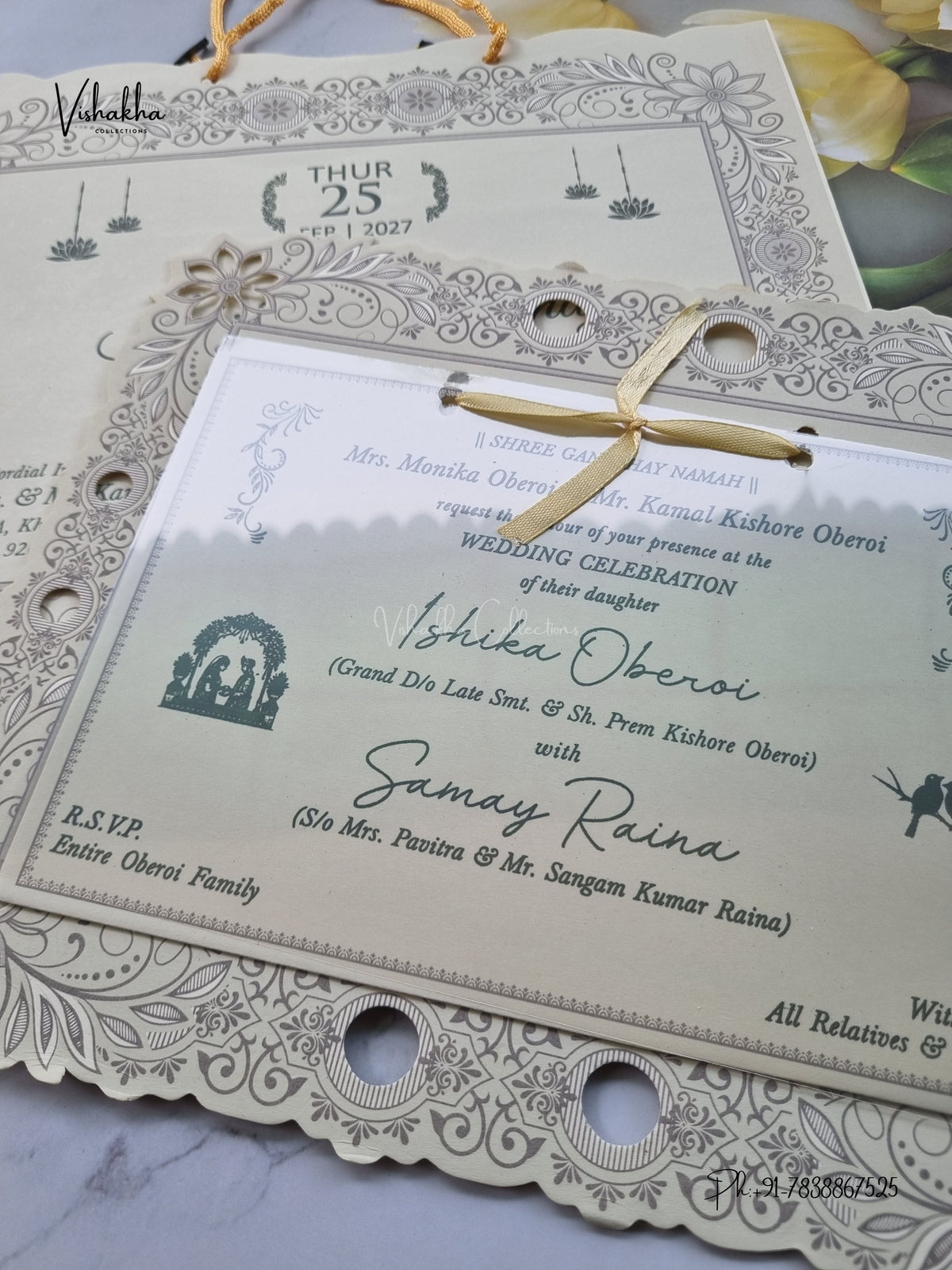 Semi Box Ribbon Carry Bag Flower Hindu Muslim Christian Sikh Jain invitation Cards ATS-1820 – image 2