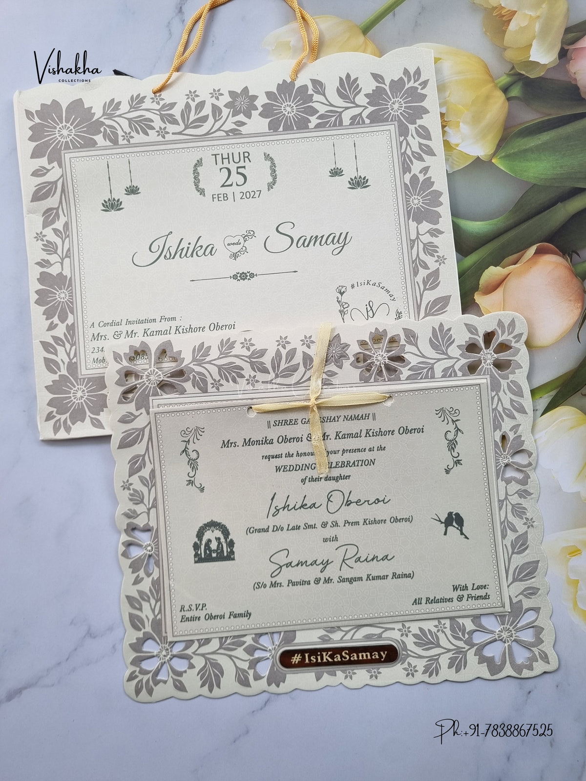 Semi Box Ribbon Carry Bag Flower Hindu Muslim Christian Sikh Jain invitation Cards ATS-1821 – image 1