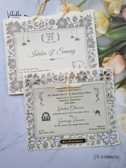 Semi Box Ribbon Carry Bag Flower Hindu Muslim Christian Sikh Jain invitation Cards ATS-1821 – image 1