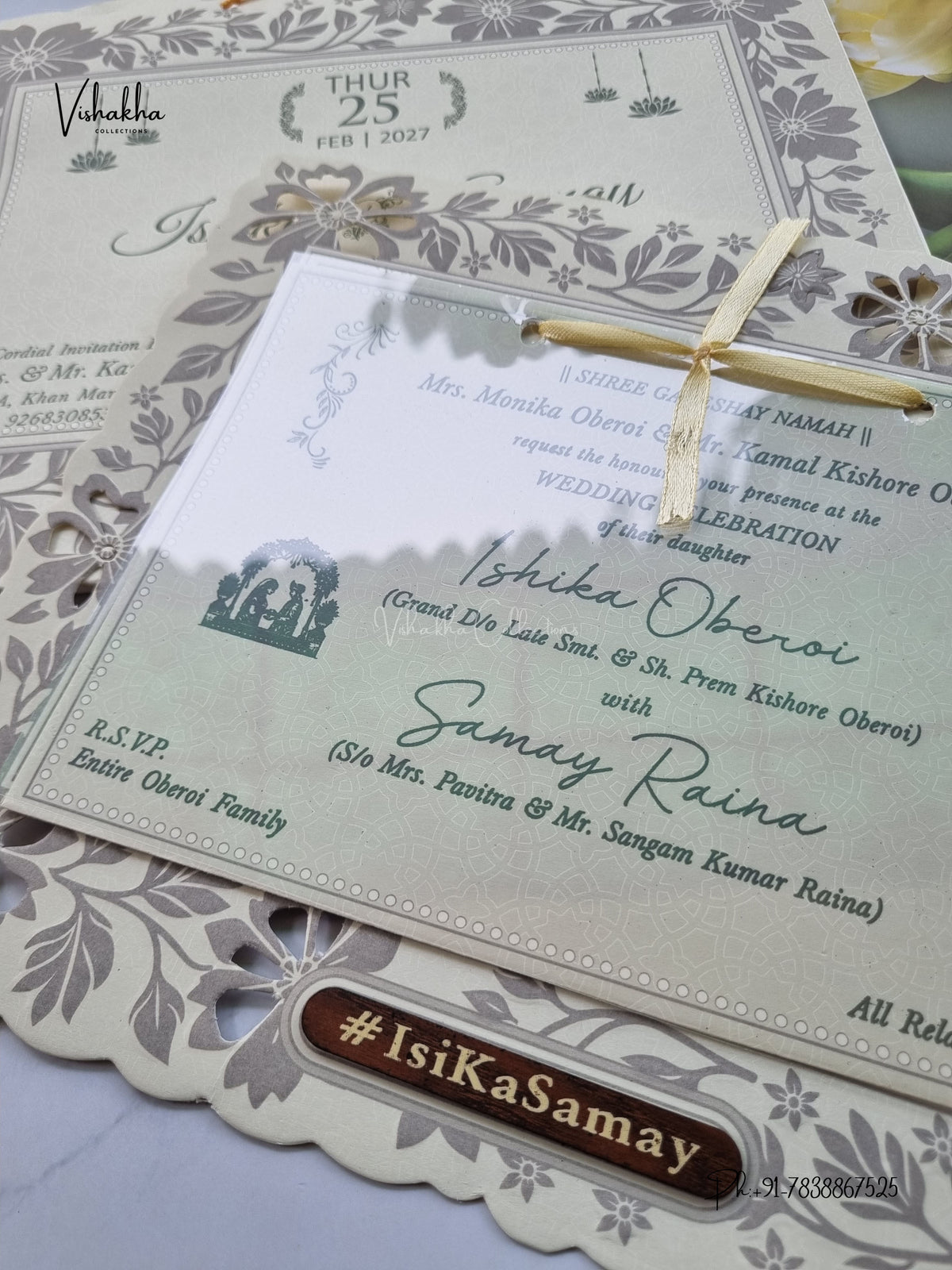 Semi Box Ribbon Carry Bag Flower Hindu Muslim Christian Sikh Jain invitation Cards ATS-1821 – image 2