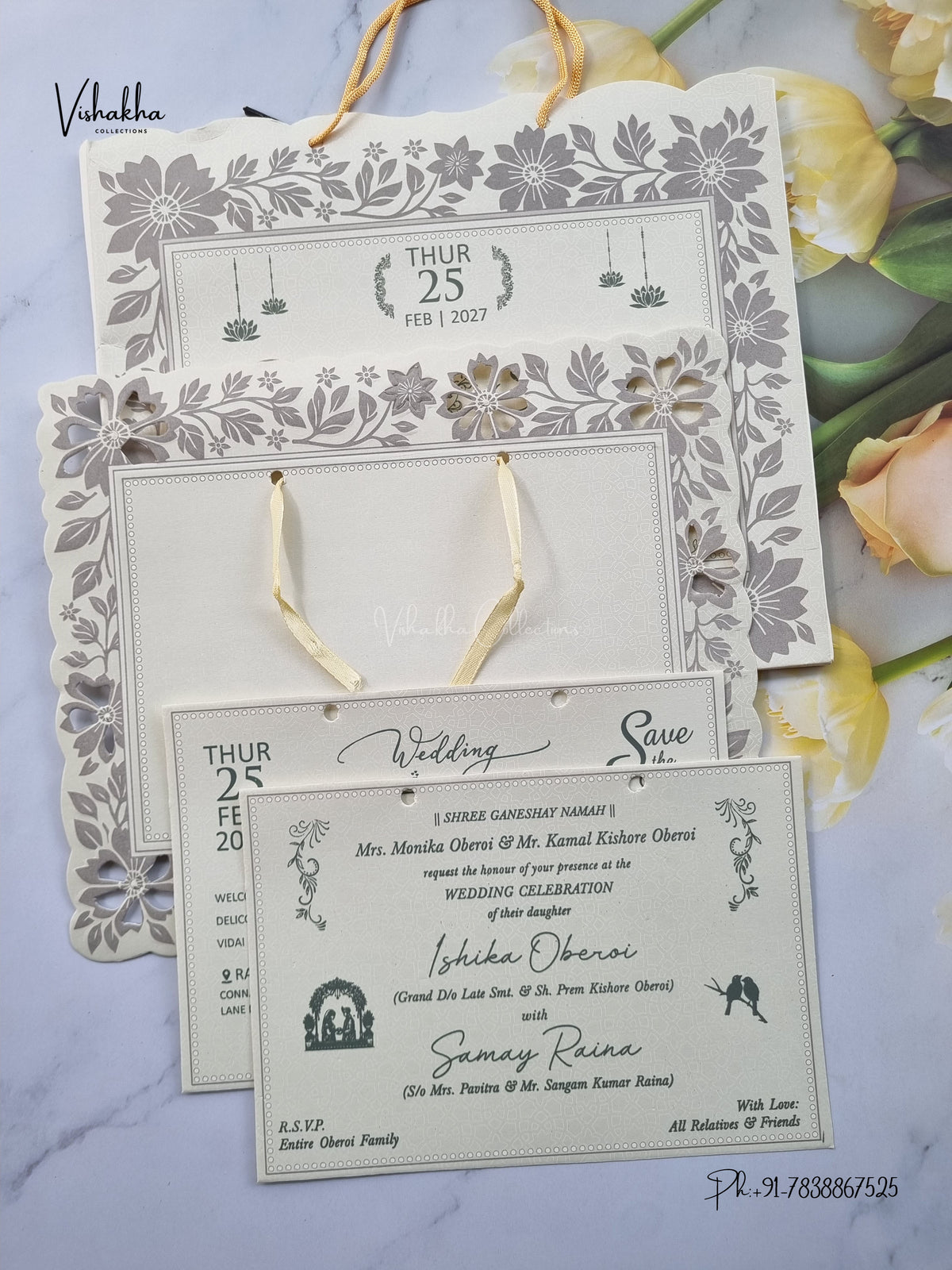 Semi Box Ribbon Carry Bag Flower Hindu Muslim Christian Sikh Jain invitation Cards ATS-1821 – image 3