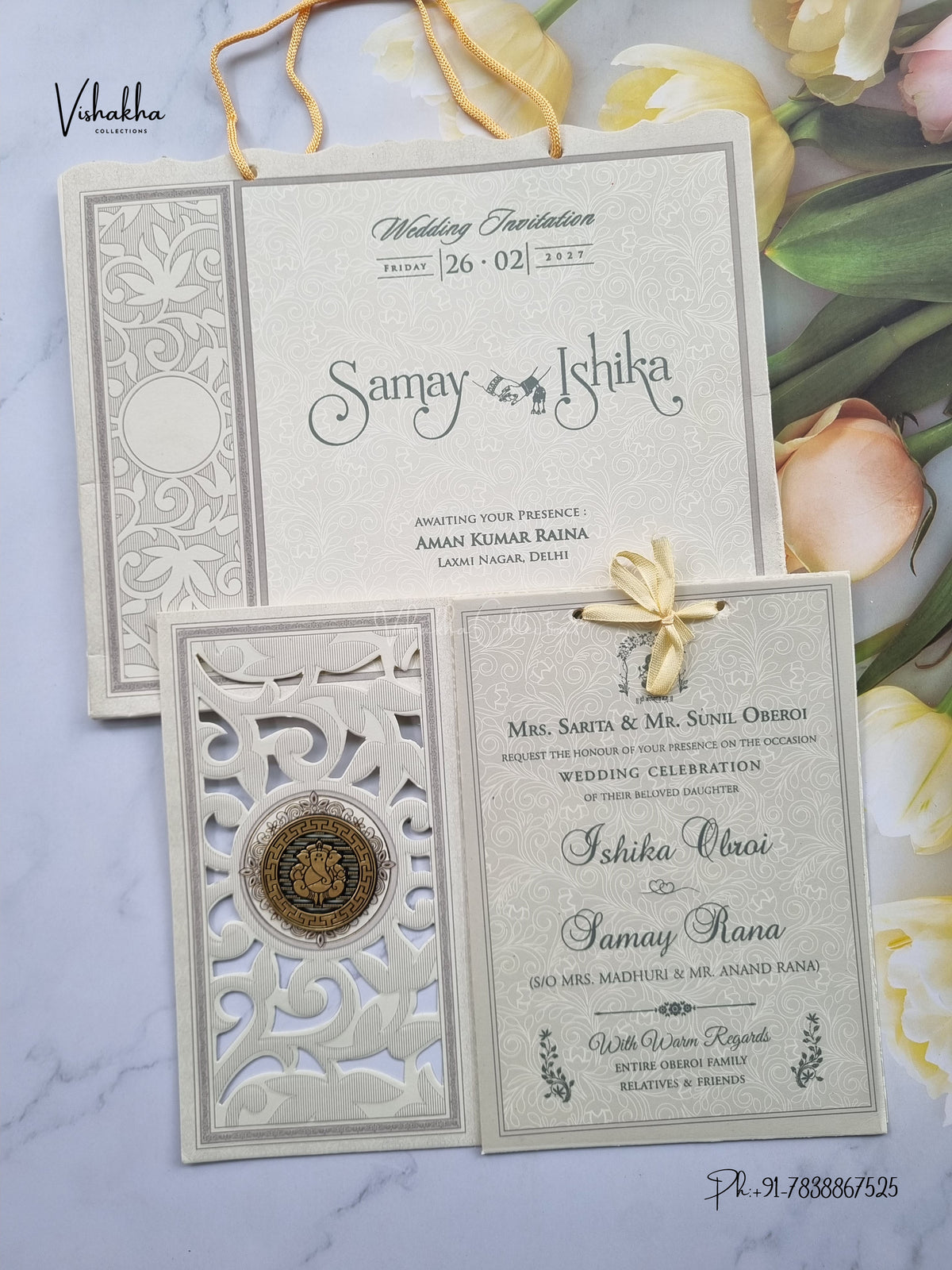 Semi Box Ribbon Carry Bag Ganesh Ji Hindu Jain invitation Cards ATS-1832 – image 1