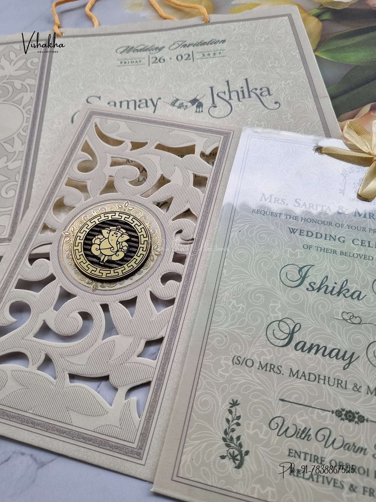 Semi Box Ribbon Carry Bag Ganesh Ji Hindu Jain invitation Cards ATS-1832 – image 2