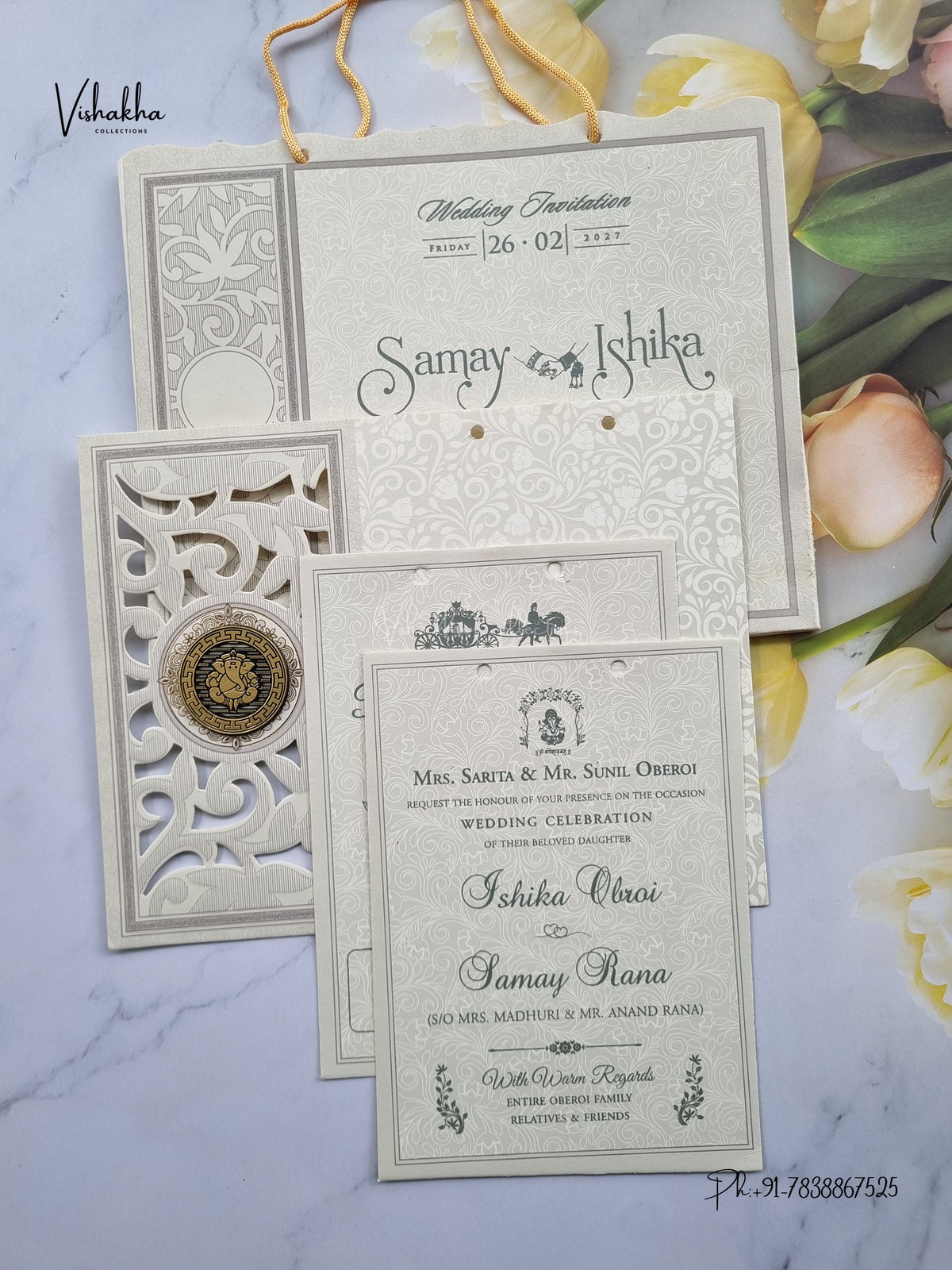 Semi Box Ribbon Carry Bag Ganesh Ji Hindu Jain invitation Cards ATS-1832 – image 3