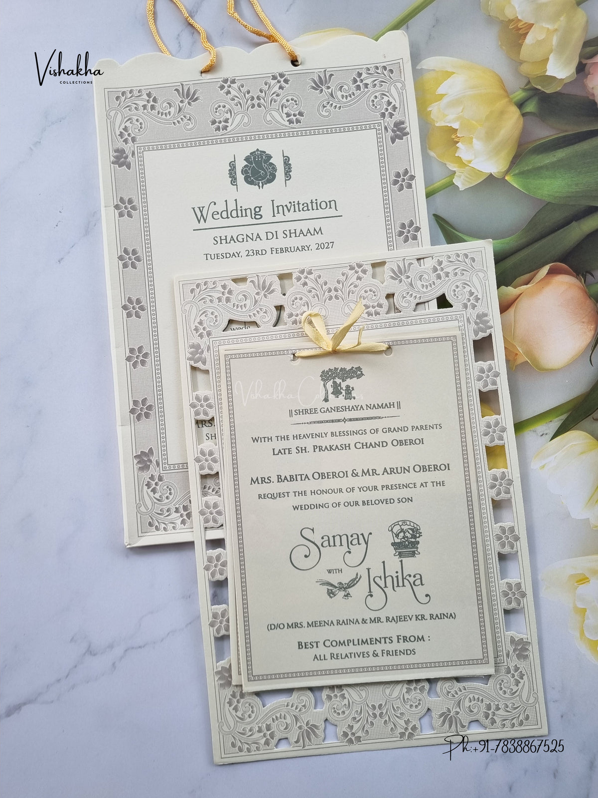 Semi Box Ribbon Carry Bag Flower Hindu Muslim Christian Sikh Jain invitation Cards ATS-1836 – image 1