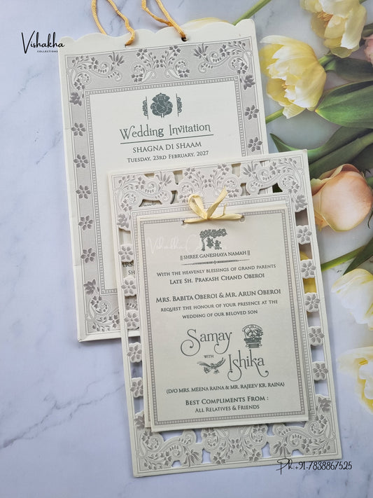 Semi Box Ribbon Carry Bag Flower Hindu Muslim Christian Sikh Jain invitation Cards ATS-1836 – image 1