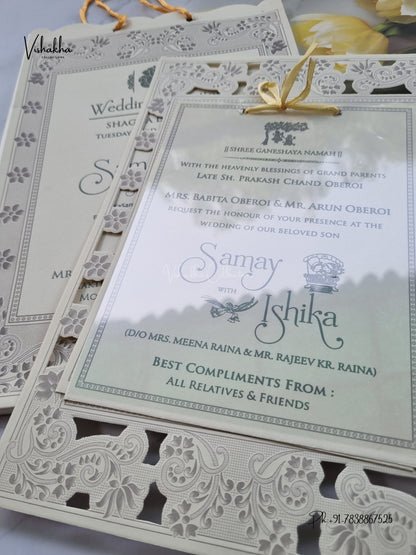 Semi Box Ribbon Carry Bag Flower Hindu Muslim Christian Sikh Jain invitation Cards ATS-1836 – image 2