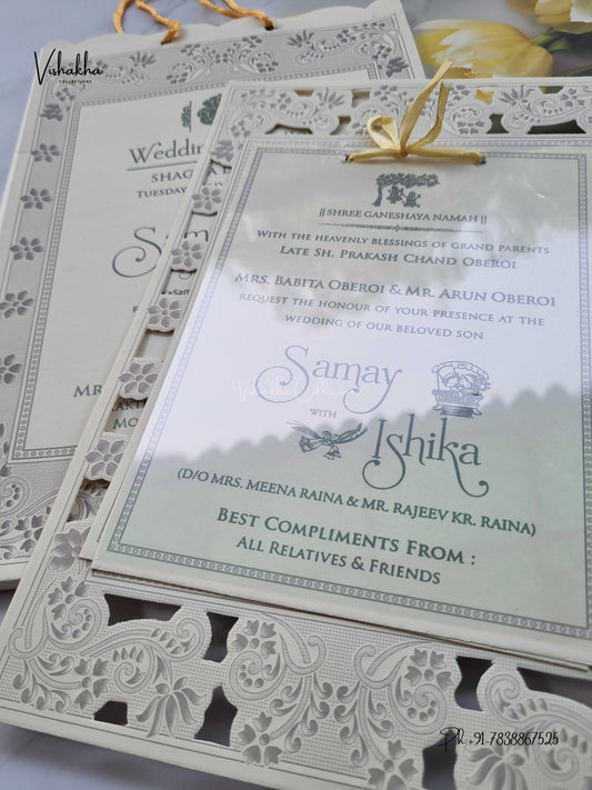 Semi Box Ribbon Carry Bag Flower Hindu Muslim Christian Sikh Jain invitation Cards ATS-1836 – image 2