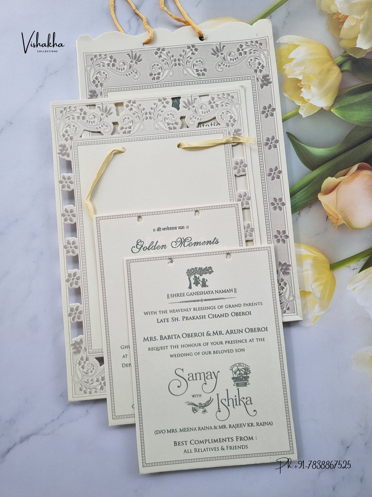 Semi Box Ribbon Carry Bag Flower Hindu Muslim Christian Sikh Jain invitation Cards ATS-1836 – image 3