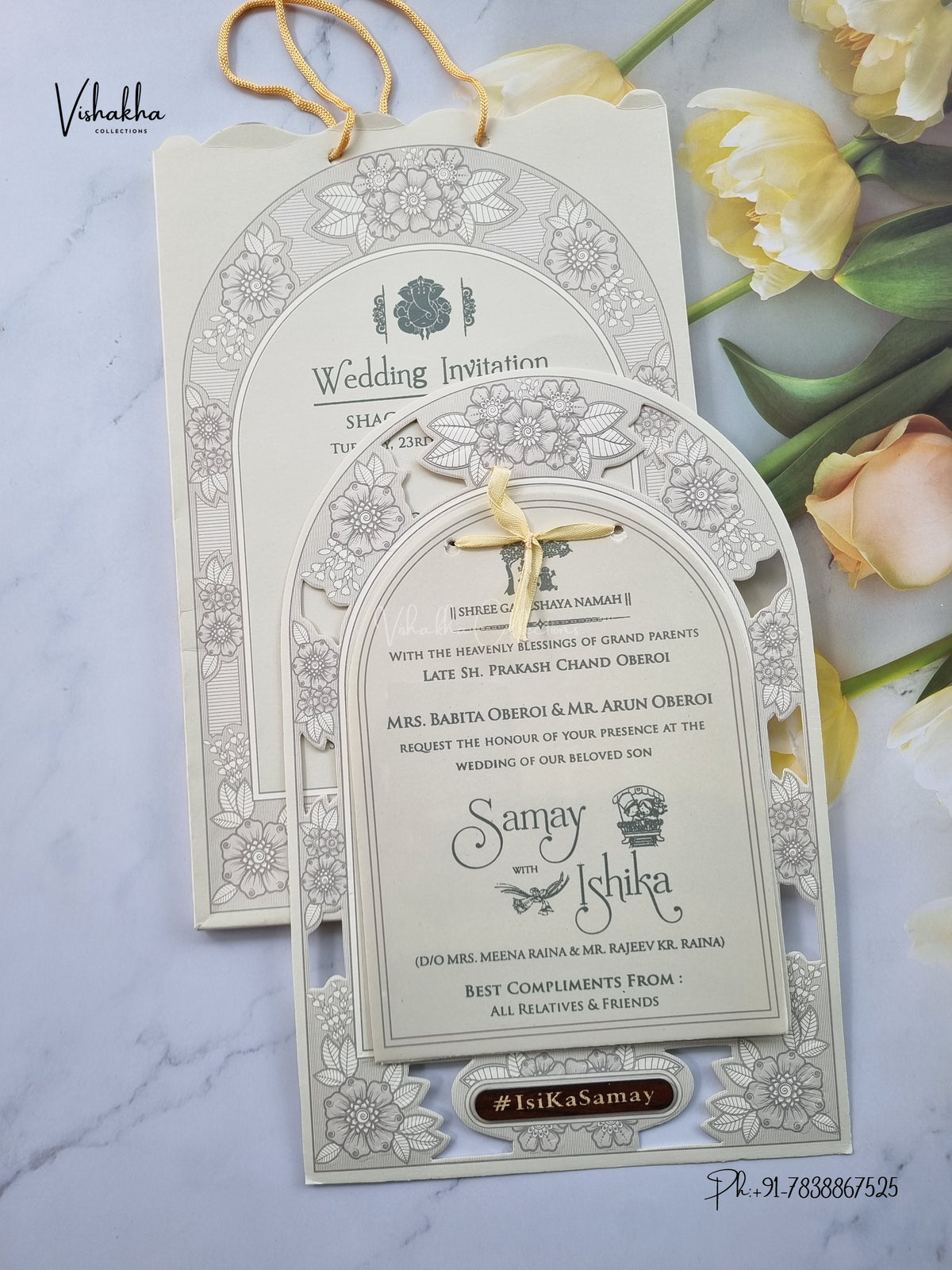 Semi Box Ribbon Carry Bag Flower Hindu Muslim Christian Sikh Jain invitation Cards ATS-1837 – image 1
