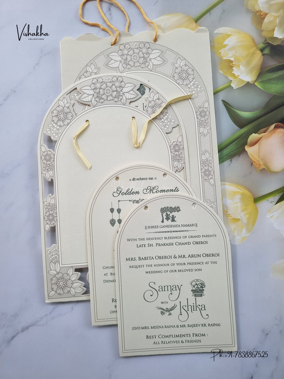Semi Box Ribbon Carry Bag Flower Hindu Muslim Christian Sikh Jain invitation Cards ATS-1837 – image 3
