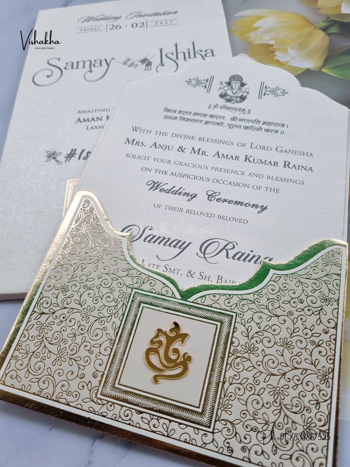 Semi Box Ganesh Ji Flower Hindu Jain invitation Cards ATS-1864 – image 2