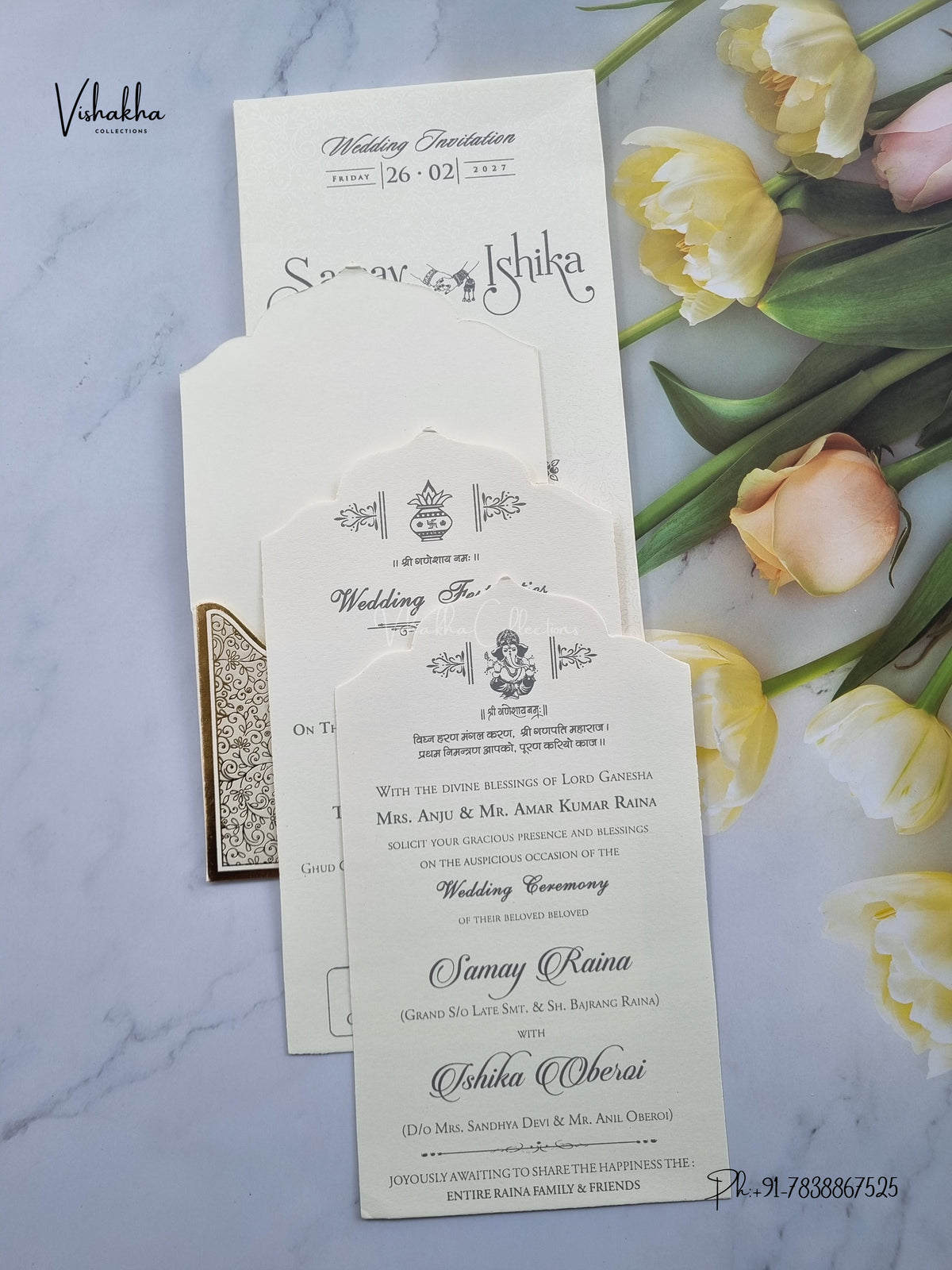 Semi Box Ganesh Ji Flower Hindu Jain invitation Cards ATS-1864 – image 3