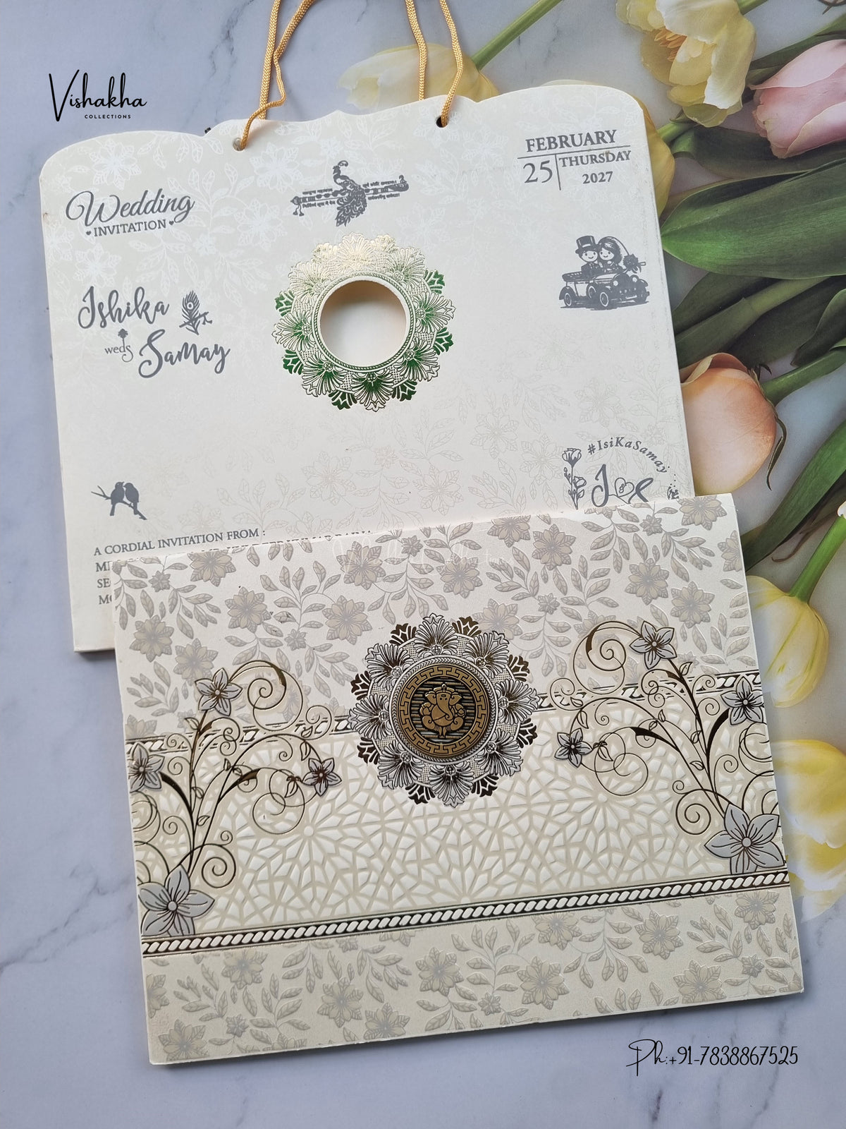 Semi Box Carry Bag Ganesh Ji Flower Jaali Hindu Jain invitation Cards ATS-1866 – image 1