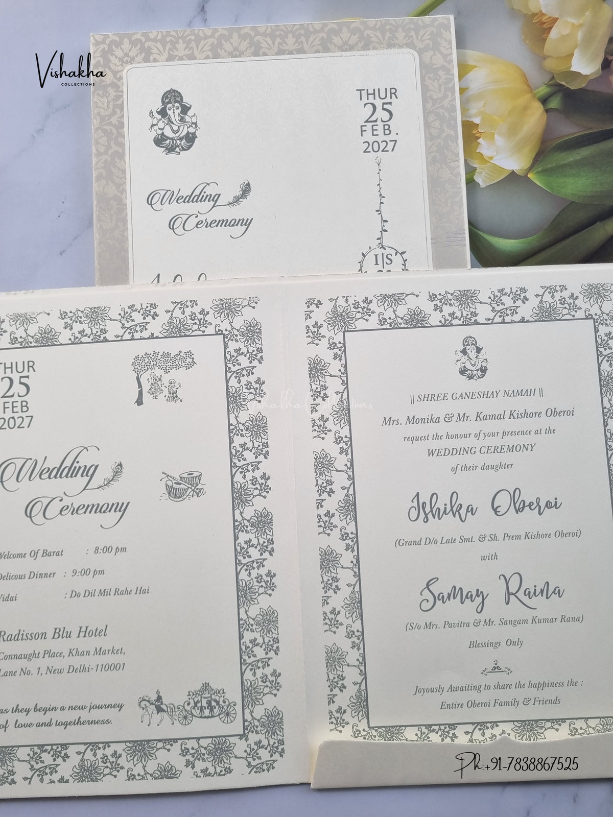 Semi Box Ganesh Ji Flower Hindu Jain invitation Cards ATS-1878 – image 3