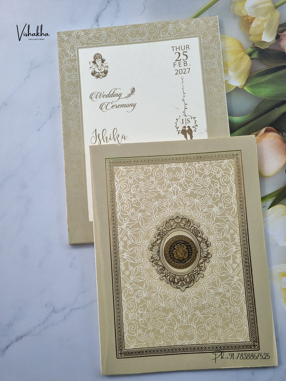 Semi Box Ganesh Ji Flower Hindu Jain invitation Cards ATS-1882 – image 1