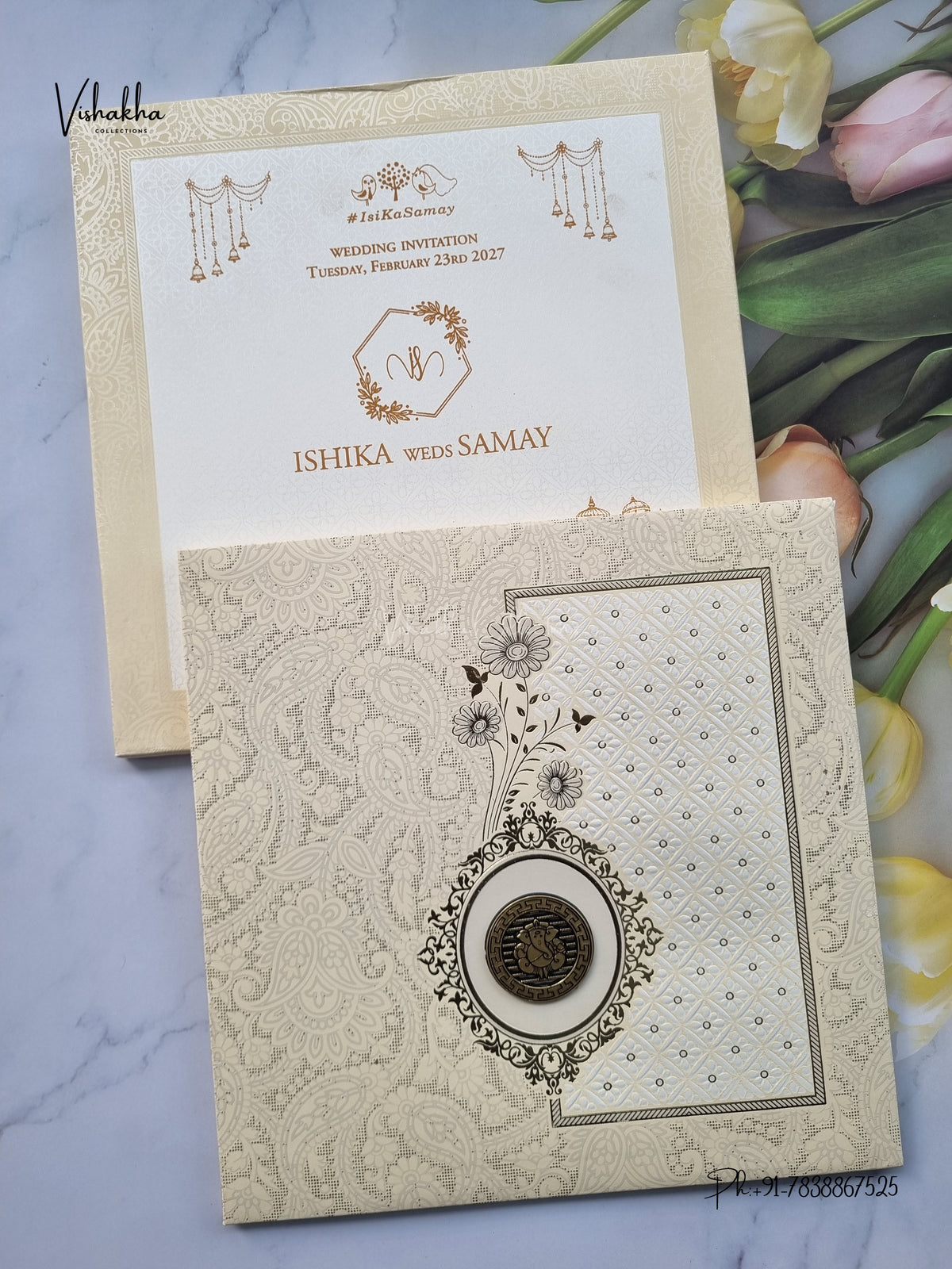 Semi Box Padded Ganesh Ji Mehendi Hindu Jain invitation Cards ATS-1895 – image 1