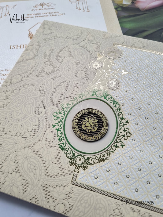 Semi Box Padded Ganesh Ji Mehendi Hindu Jain invitation Cards ATS-1895 – image 2