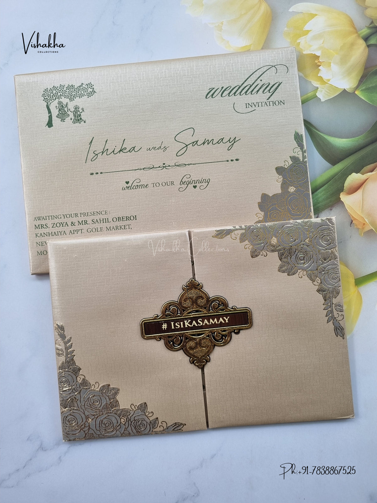 Semi Box Padded Double Door Flower Hindu Muslim Christian Sikh Jain invitation Cards ATS-1896G – image 1
