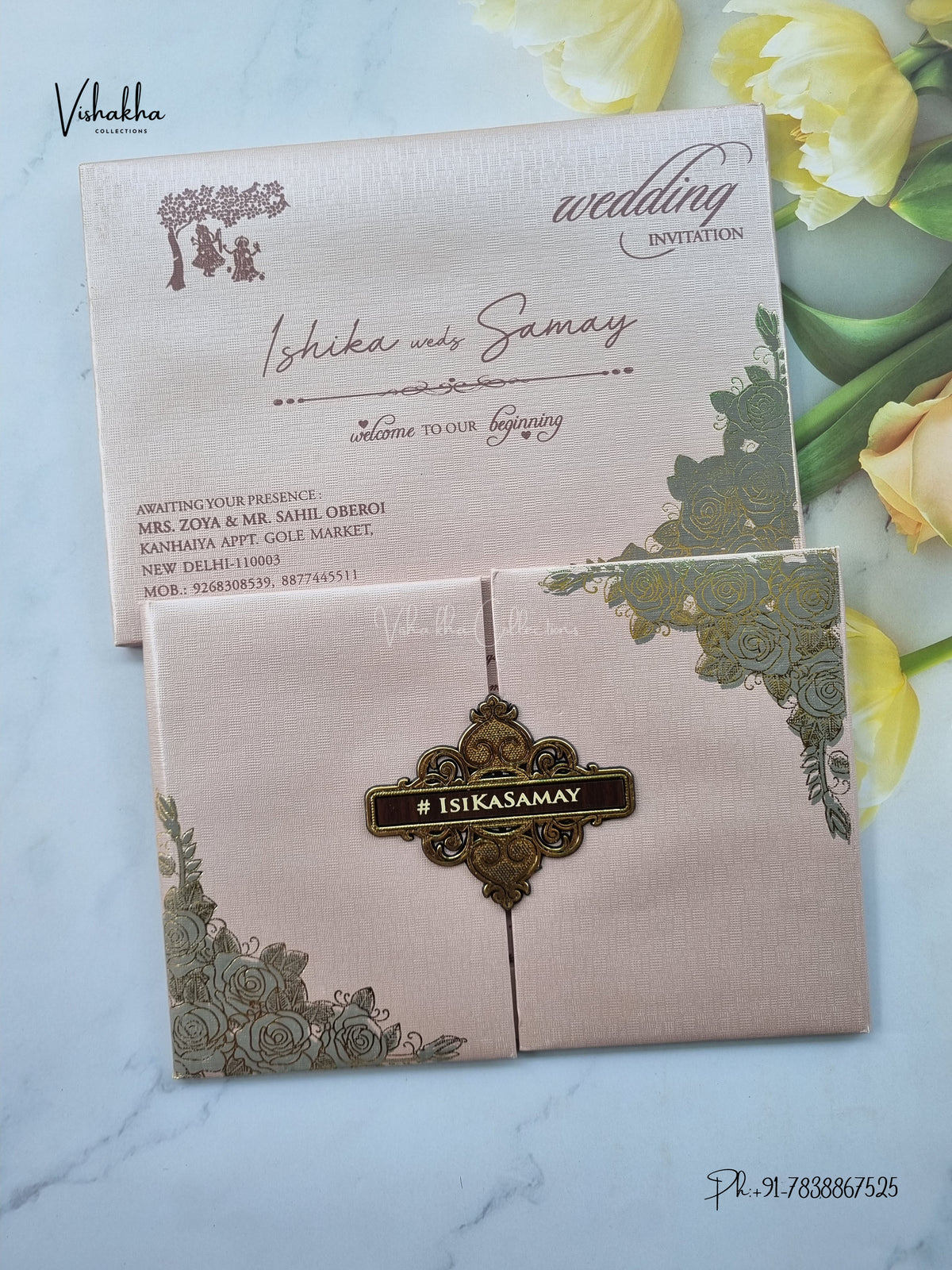 Semi Box Padded Double Door Flower Hindu Muslim Christian Sikh Jain invitation Cards ATS-1896P – image 1