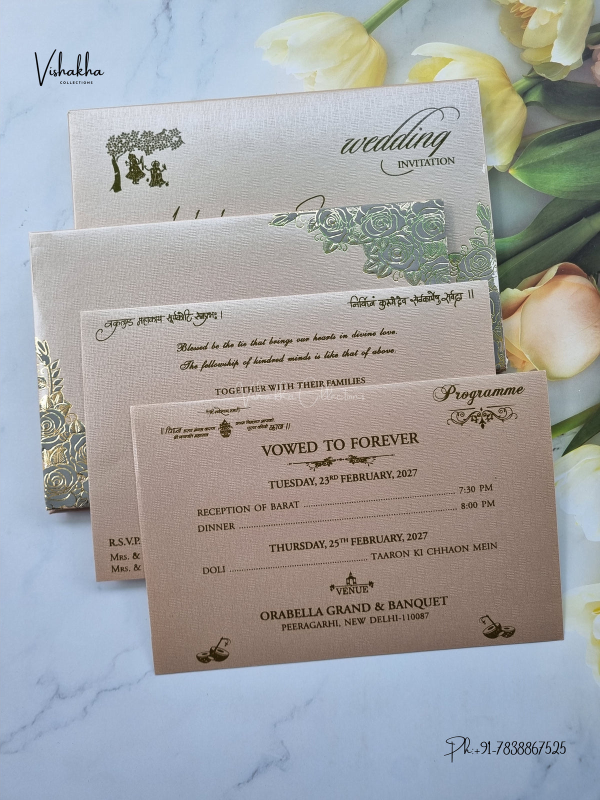 Semi Box Padded Flower Hindu Muslim Christian Sikh Jain invitation Cards ATS-1899G – image 3