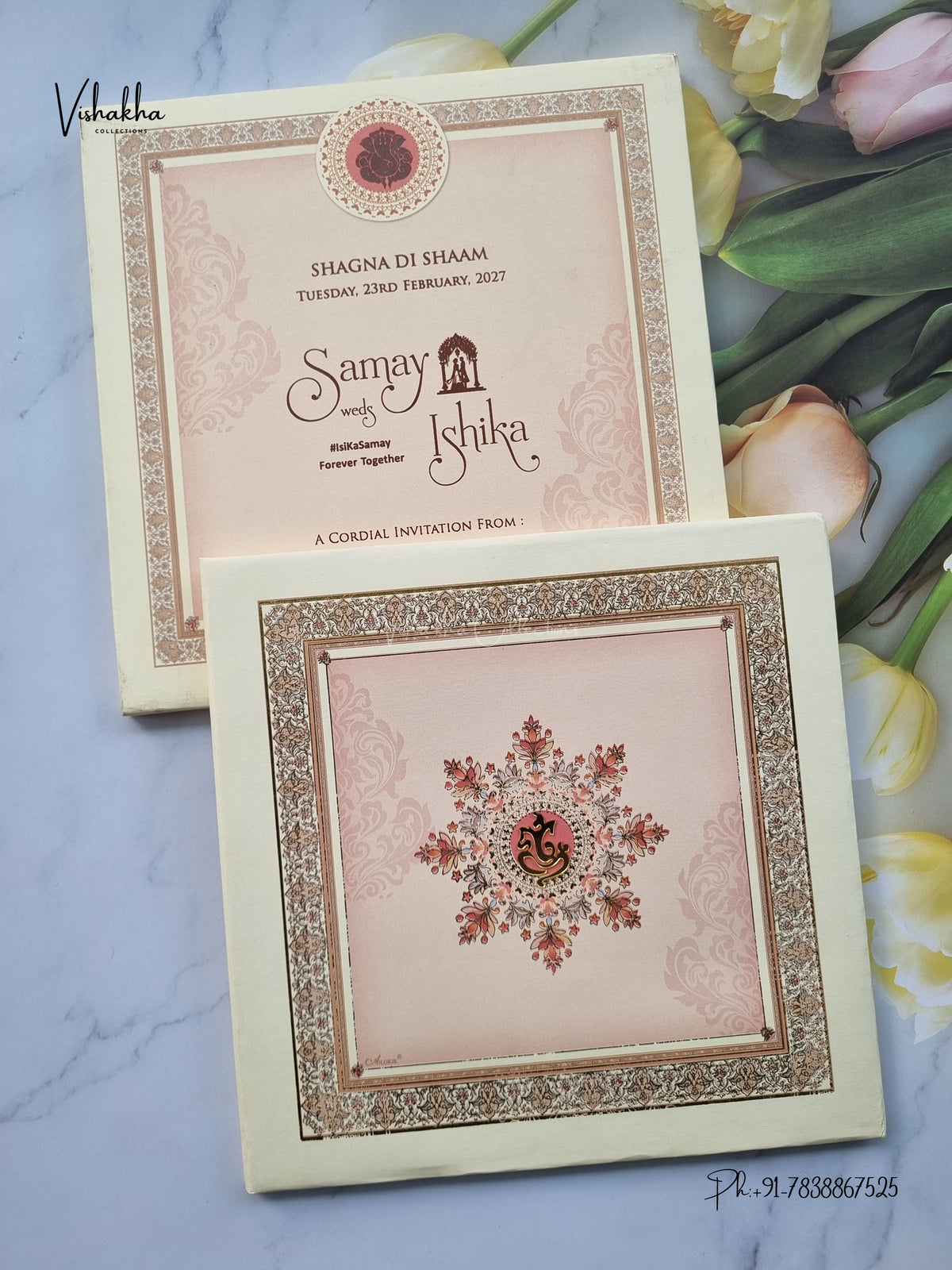 Semi Box Padded Ganesh Ji Flower Hindu Jain invitation Cards ATS-215 – image 1