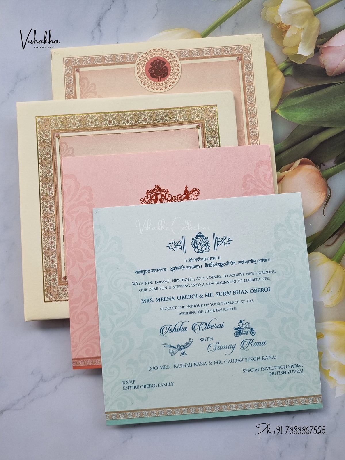 Semi Box Padded Ganesh Ji Flower Hindu Jain invitation Cards ATS-215 – image 3